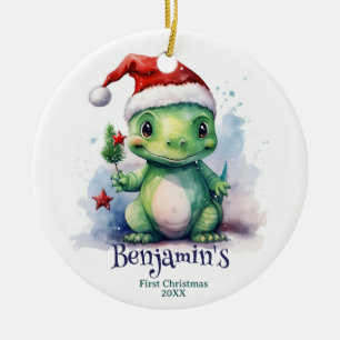 Adorno De Cerámica Dinosaurio Nombre Personalizado Primera Navidad