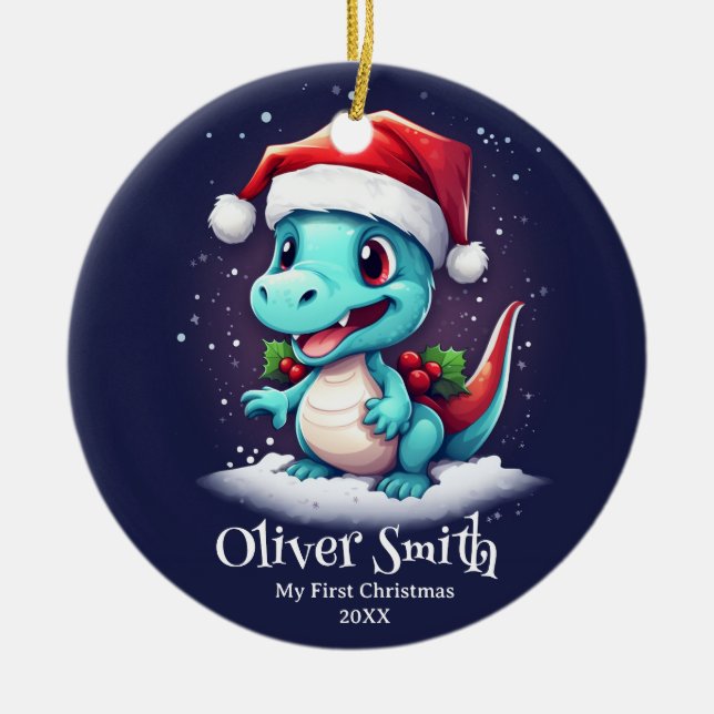 Adorno De Cerámica Dinosaurio Nombre Personalizado Primera Navidad (Frente)