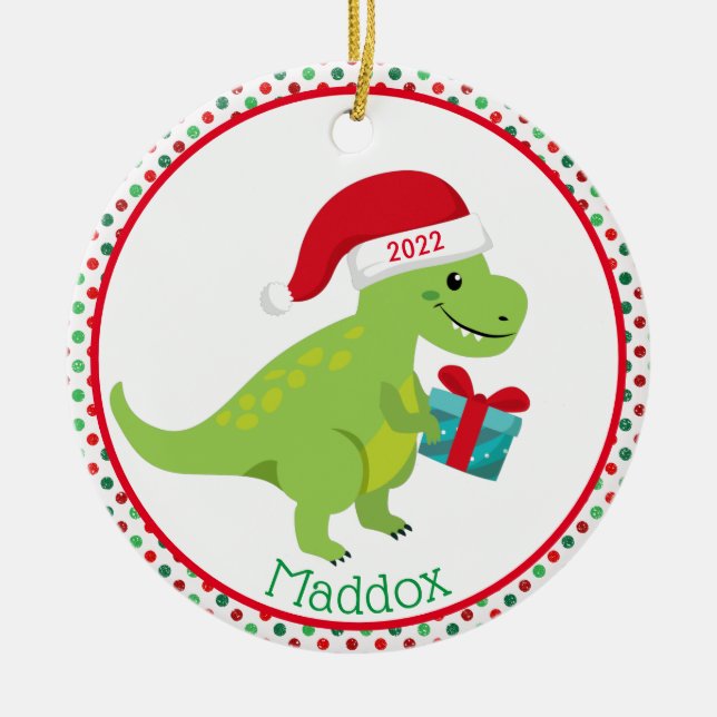 Adorno De Cerámica Dinosaurio verde con Santa Hat personalizado (Frente)