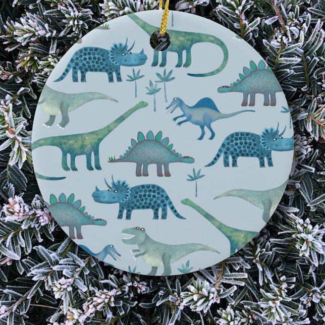 Adorno De Cerámica Dinosaurios Azules (Fun blue dinosaur pattern Christmas ornament)