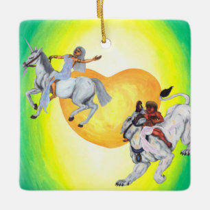 Adorno De Cerámica Dios corazón montando Diosa de la Leona montando u