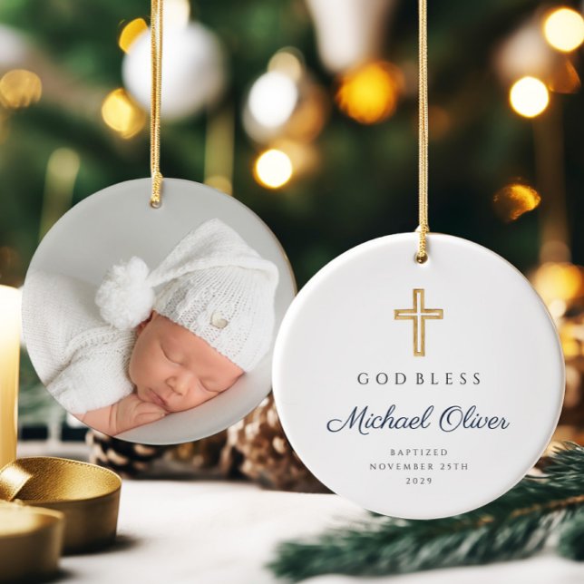 Adorno De Cerámica Dios moderno bendice el bautismo religioso a travé (Modern God Bless Religious Cross Baptism Ceramic Ornament)