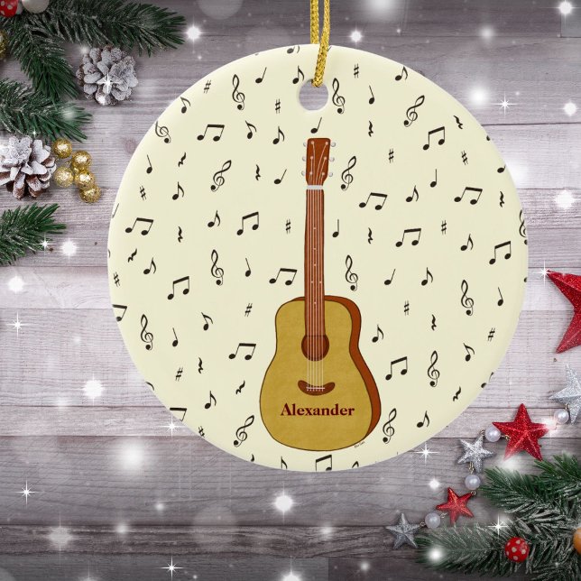 Adorno De Cerámica Diseño alegre de notas de música guitarista festiv (Guitar With Music Notes Personalized Ceramic Ornament)