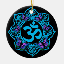 Adorno De Cerámica Diseño azul ohm mandala con mariposas púrpura