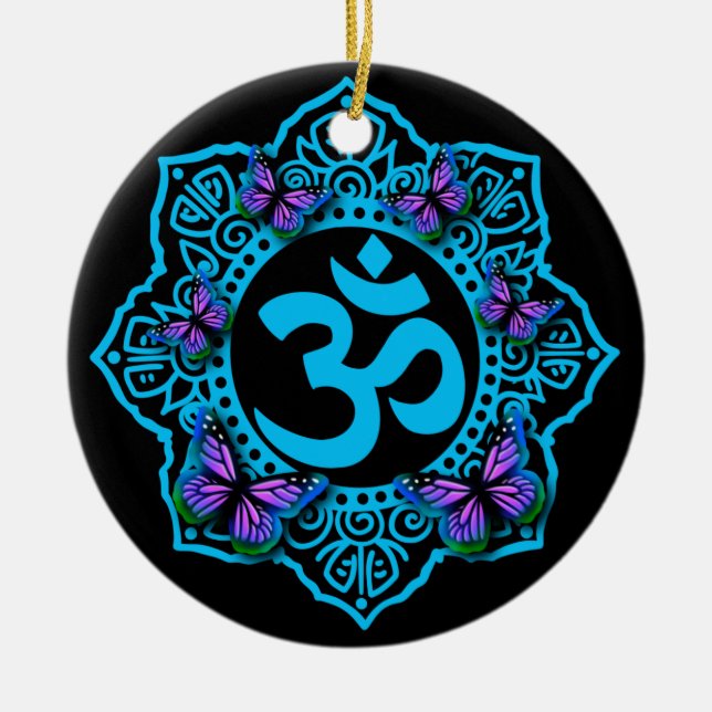Adorno De Cerámica Diseño azul ohm mandala con mariposas púrpura (Frente)