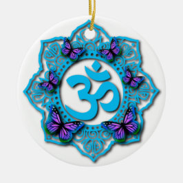 Adorno De Cerámica Diseño azul ohm mandala con mariposas púrpura