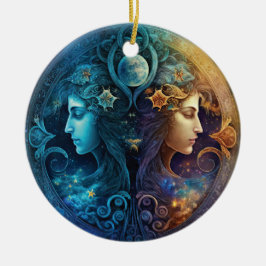 Adorno De Cerámica Diseño de Acuarela del Signo Zodiacal Géminis