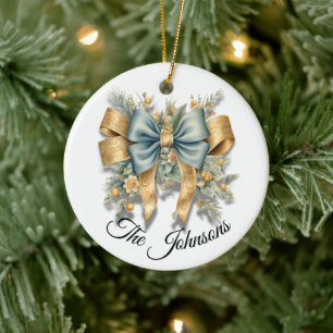 Adorno De Cerámica Diseño de Bow Gold y Blue Festive - Personalizado
