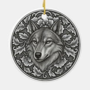Adorno De Cerámica diseño de cabeza de lobo floral grabado vintage