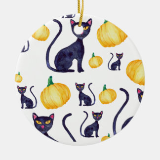 Adorno De Cerámica Diseño De Calabaza Negra Halloween Y Gatos Naranja