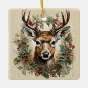 Adorno De Cerámica Diseño de ciervo de Navidad vintage con acuarela
