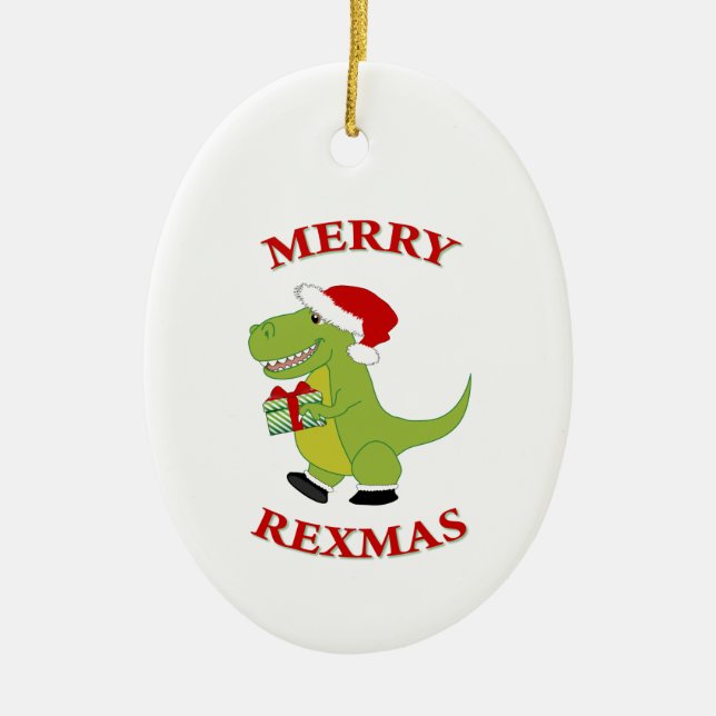 Adorno De Cerámica Diseño de dinosaurios T-Rex de Merry Rexmas (Frente)