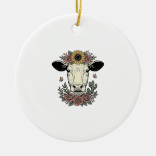 Adorno De Cerámica diseño de grabado vintage de cabeza de vaca floral