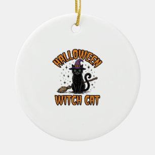 Adorno De Cerámica Diseño de grabado vintage de gato bruja de Hallowe