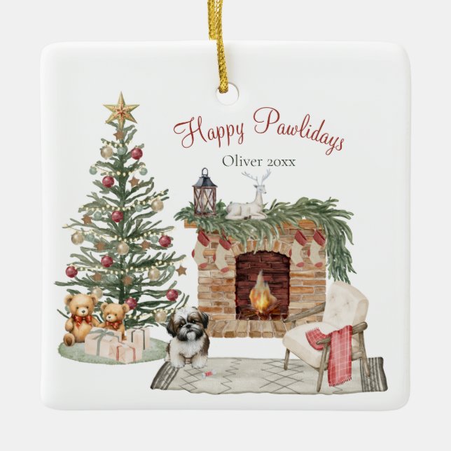 Adorno De Cerámica Diseño de perros de Feliz Pawlidays - Shih Tzu (Anverso)