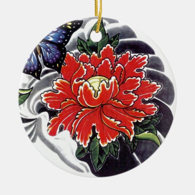 Adorno De Cerámica Diseño de tatuajes japoneses con flores de Peony (Frente)