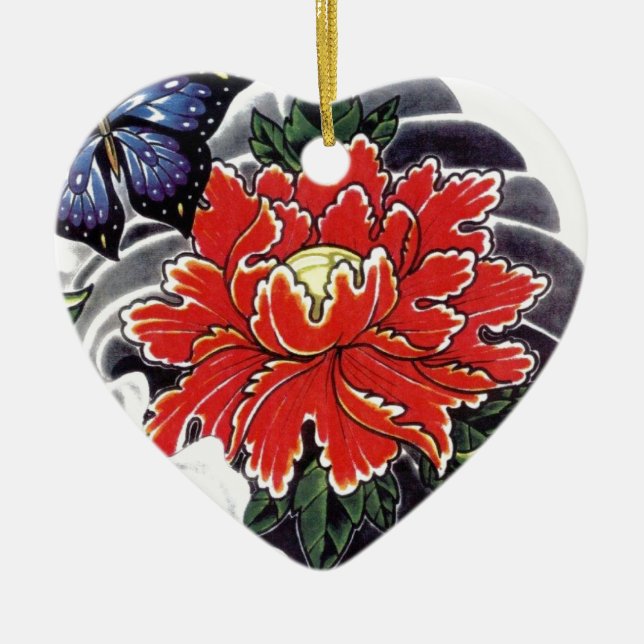 Adorno De Cerámica Diseño de tatuajes japoneses con flores de Peony (Frente)