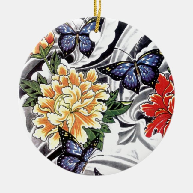 Adorno De Cerámica Diseño de tatuajes para peones amarillos y maripos (Frente)