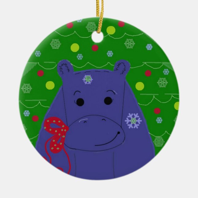 Adorno De Cerámica Diseño feliz de Navidades Hippo (Frente)