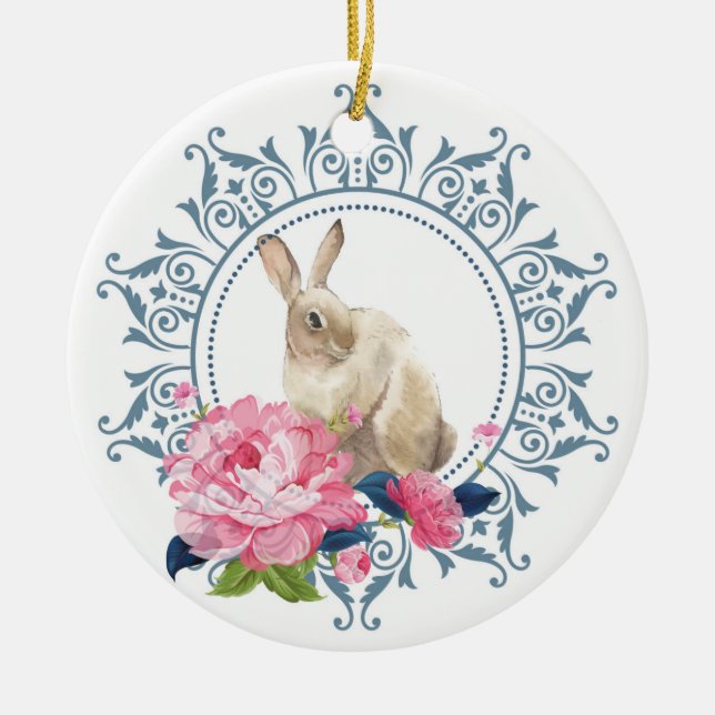 Adorno De Cerámica Diseño floral personalizado de Conejo de Pascua (Frente)