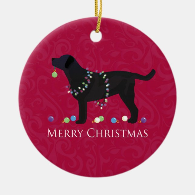 Adorno De Cerámica Diseño navideño de Black Lab Merry (Frente)