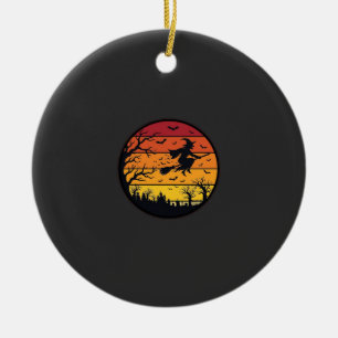 Adorno De Cerámica Diseño Retro Círculo Silueta Bruja Atardecer Hallo