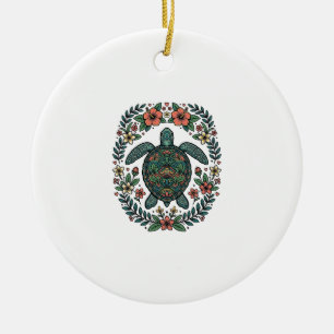Adorno De Cerámica Diseño vectorial floral de tortuga marina vintage_