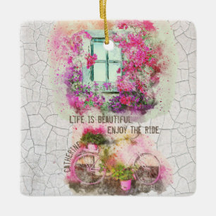 Adorno De Cerámica Disfruta Del Paseo   Bicicleta acuarela con flores