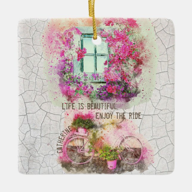 Adorno De Cerámica Disfruta Del Paseo | Bicicleta acuarela con flores (Anverso)