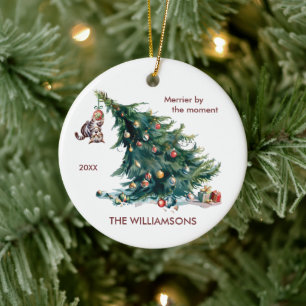 Adorno De Cerámica Divertido árbol de Navidad danzando foto de gato