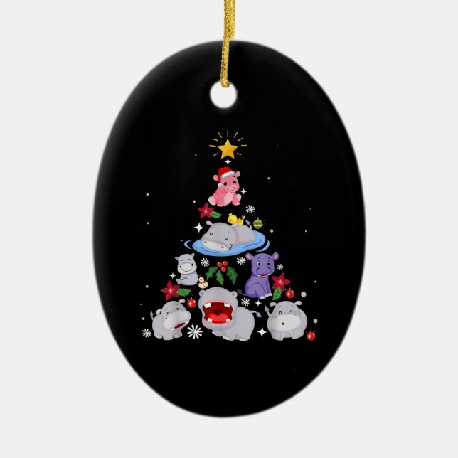 Adorno De Cerámica Divertido árbol de Navidad Hippo| Navidad Hippopót (Frente)