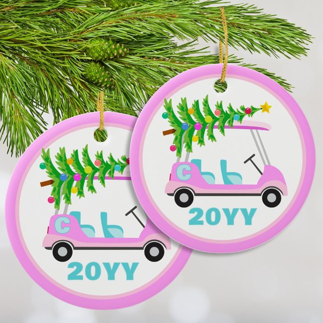 Adorno De Cerámica Divertido auto de golf rosa personalizado árbol de (A bright Christmas tree atop a fun pink golf cart. This unique monogram ornament makes a great gift.)