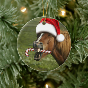 Adorno De Cerámica Divertido caballo de Navidades con sombrero Santa 
