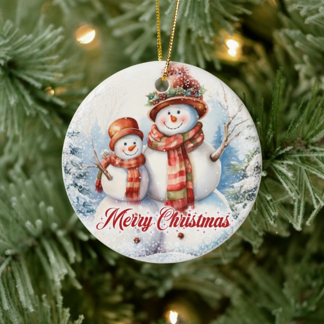 Adorno De Cerámica Divertido hombre de nieve de dos acuarelas en la n (Árbol)
