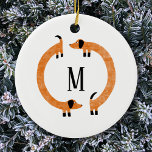 Adorno De Cerámica Divertido Monograma de perros Dachshund Sausage<br><div class="desc">Un dachshund lindo y gracioso,  salchichas de perros o perritos de peluquería en movimiento perpetuo. Personalizar cambiando o eliminando la inicial.</div>