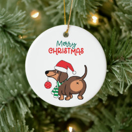Adorno De Cerámica Divertido perro de Dachshund Cute Feliz Navidad