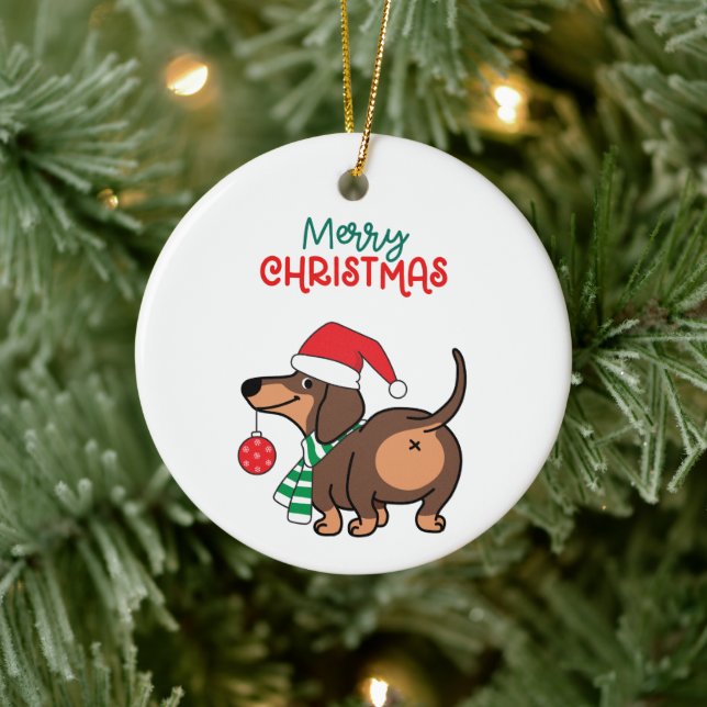 Adorno De Cerámica Divertido perro de Dachshund Cute Feliz Navidad (Árbol)