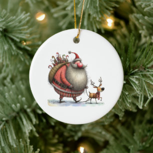 Adorno De Cerámica Divertido Santa con reno y regalos personalizados