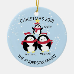 Adorno De Cerámica Diviértete Familia Personalizada De 3 Pingüinos Na