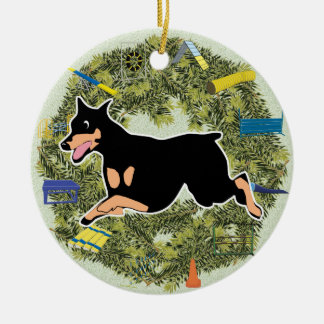 Adorno De Cerámica Doberman de la agilidad de la guirnalda de Navidad
