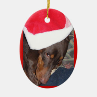 Adorno De Cerámica Doberman (héroe) en el gorra de Santa