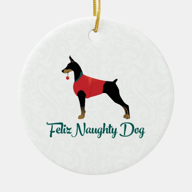 Adorno De Cerámica Doberman Pinscher Feliz Naughty Dog Navidades (Frente)