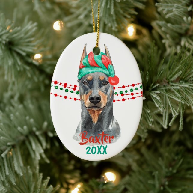 Adorno De Cerámica Doberman Pinscher Santa Hat Holiday String Beads (Árbol)