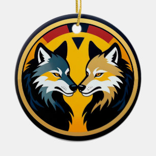 Adorno De Cerámica Doble emblema de lobo con círculo dorado