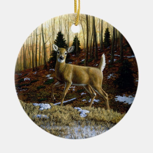 Adorno De Cerámica Doe de ciervo blanco en bosque otoñal (Frente)