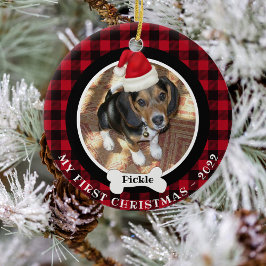 Adorno De Cerámica Dog 1st Christmas Photo Buffalo Plaid Santa Hat