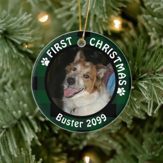 Adorno De Cerámica Dog First Christmas 2-Photo Green & Black Plaid (Árbol)