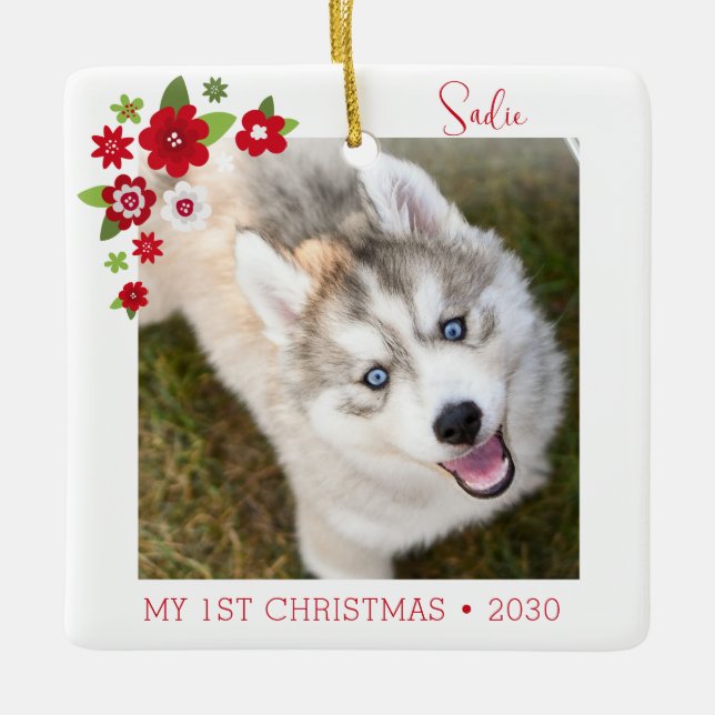 Adorno De Cerámica Dog First Christmas Photo (Anverso)