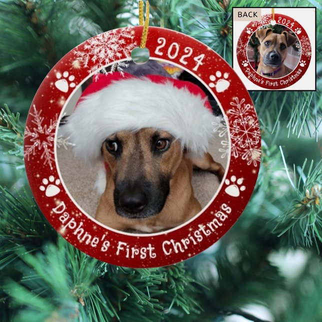 Adorno De Cerámica Dog First Christmas Snflakes 2 Photo Red (Subido por el creador)