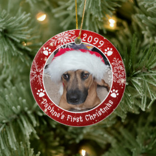 Adorno De Cerámica Dog First Christmas Snflakes 2 Photo Red
